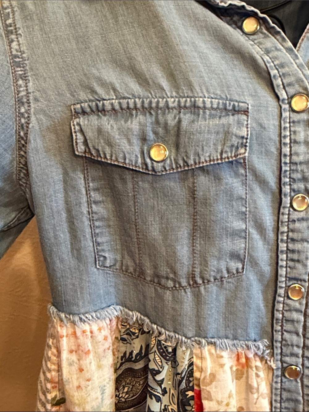 ๐๐๐BOGOHO๐๐๐John Mark Blue Denim Patchwork Button-Down Top-S - Picture 4 of 16